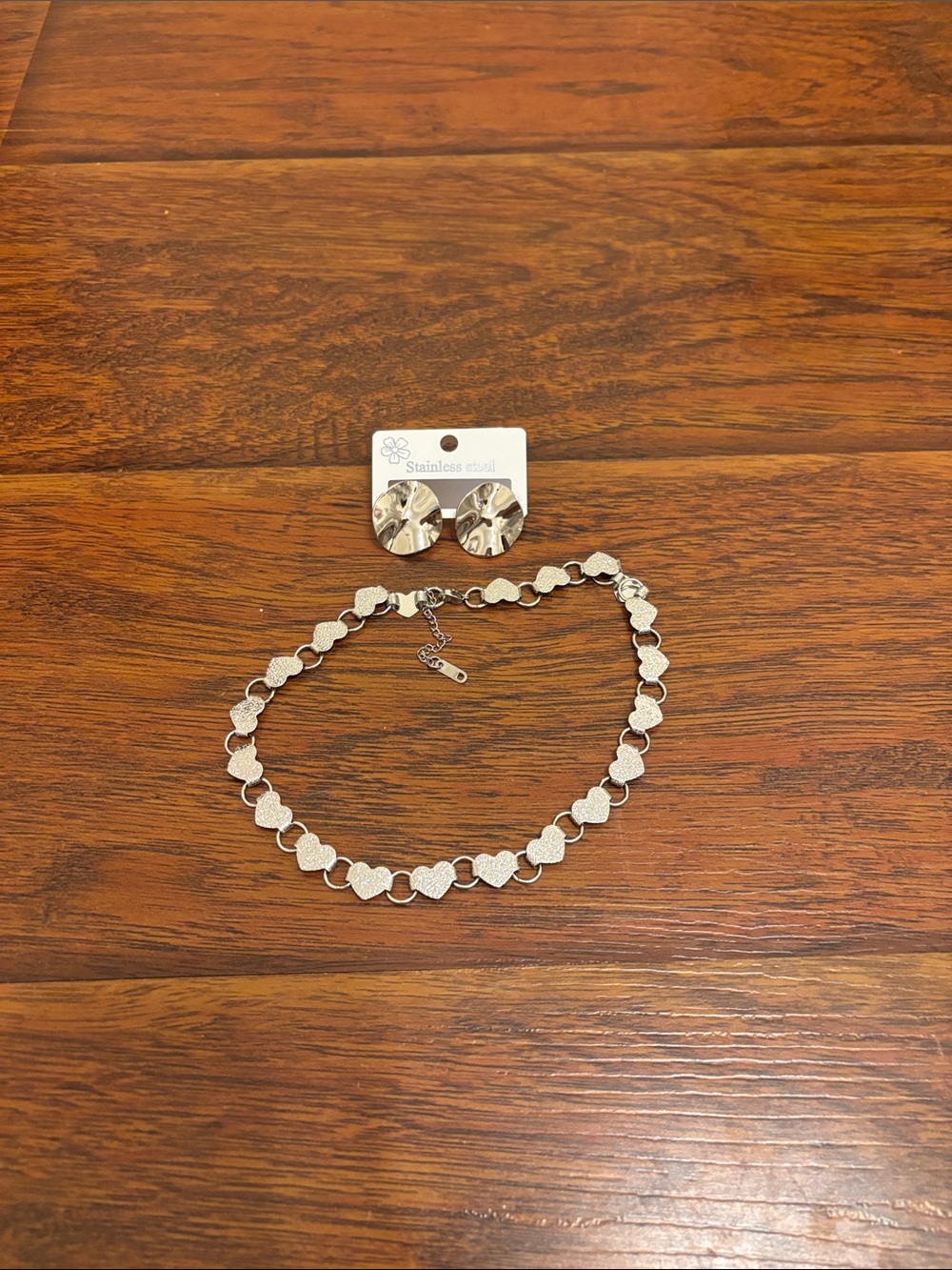 Stainless Steel Heart Link Necklace and Earrings Set - Silver